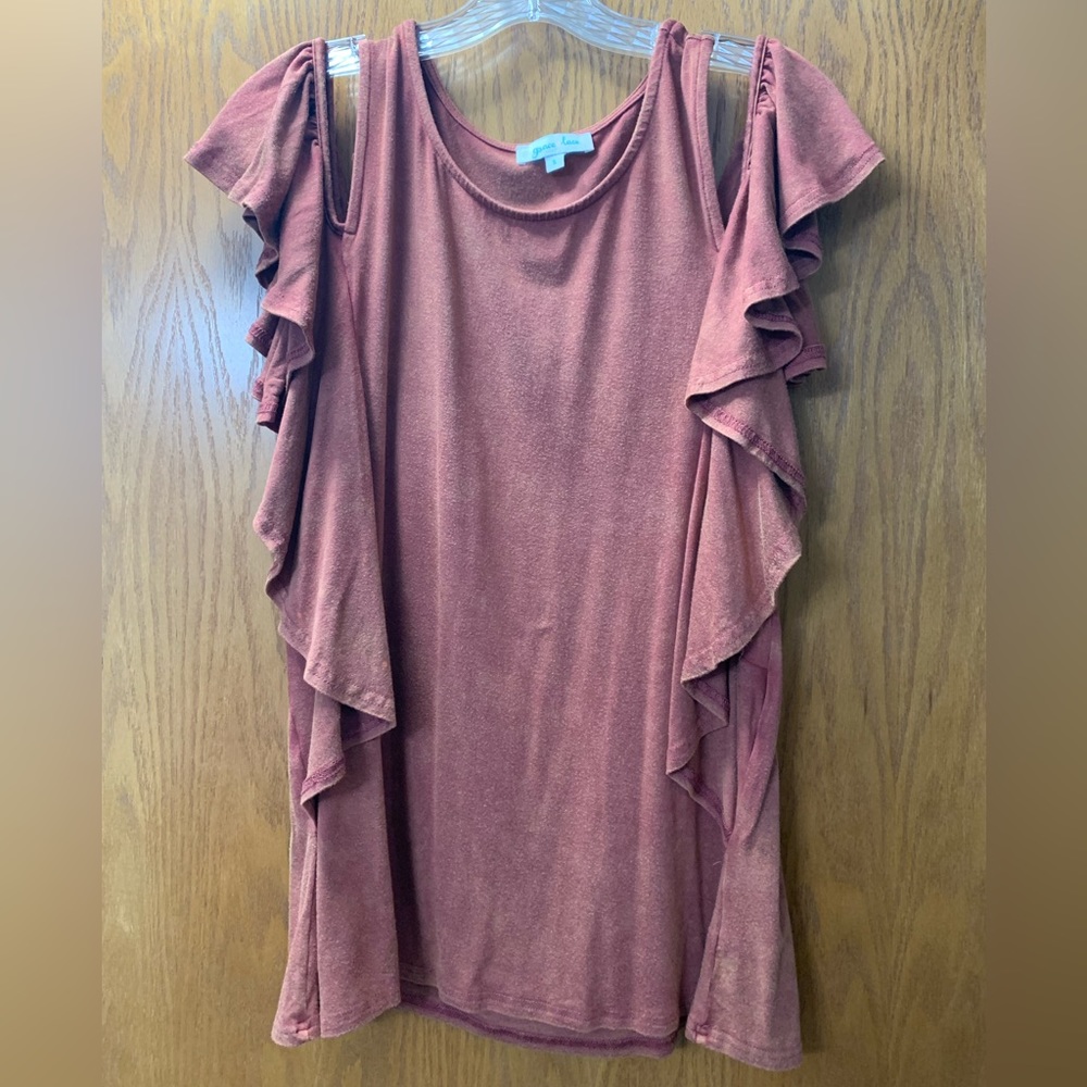 Grace & Lace cold shoulder side ruffle top